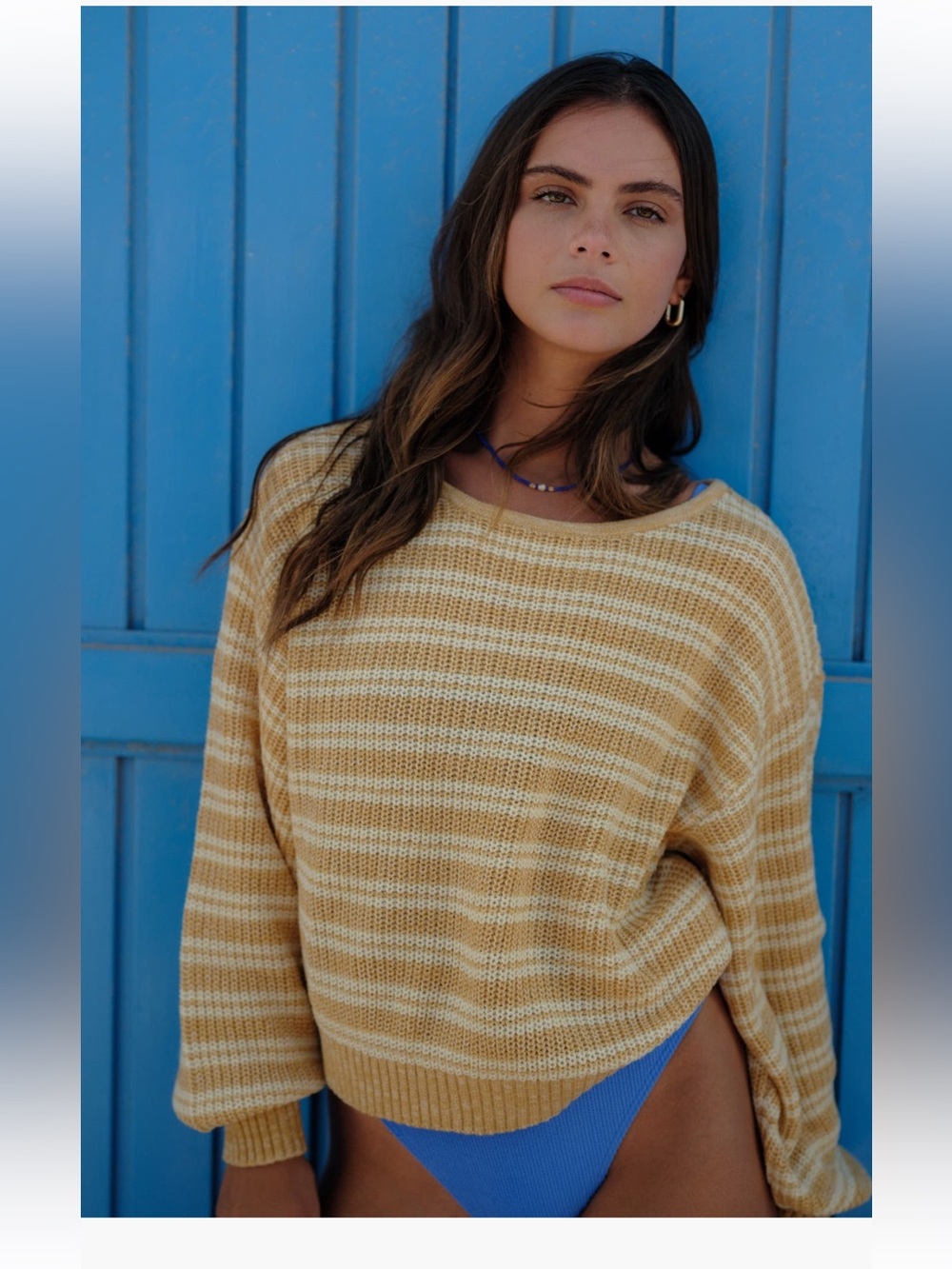 Billabong Light Wave Stripe Oversize Cotton Blend Sweater Gold Coast Large NWT